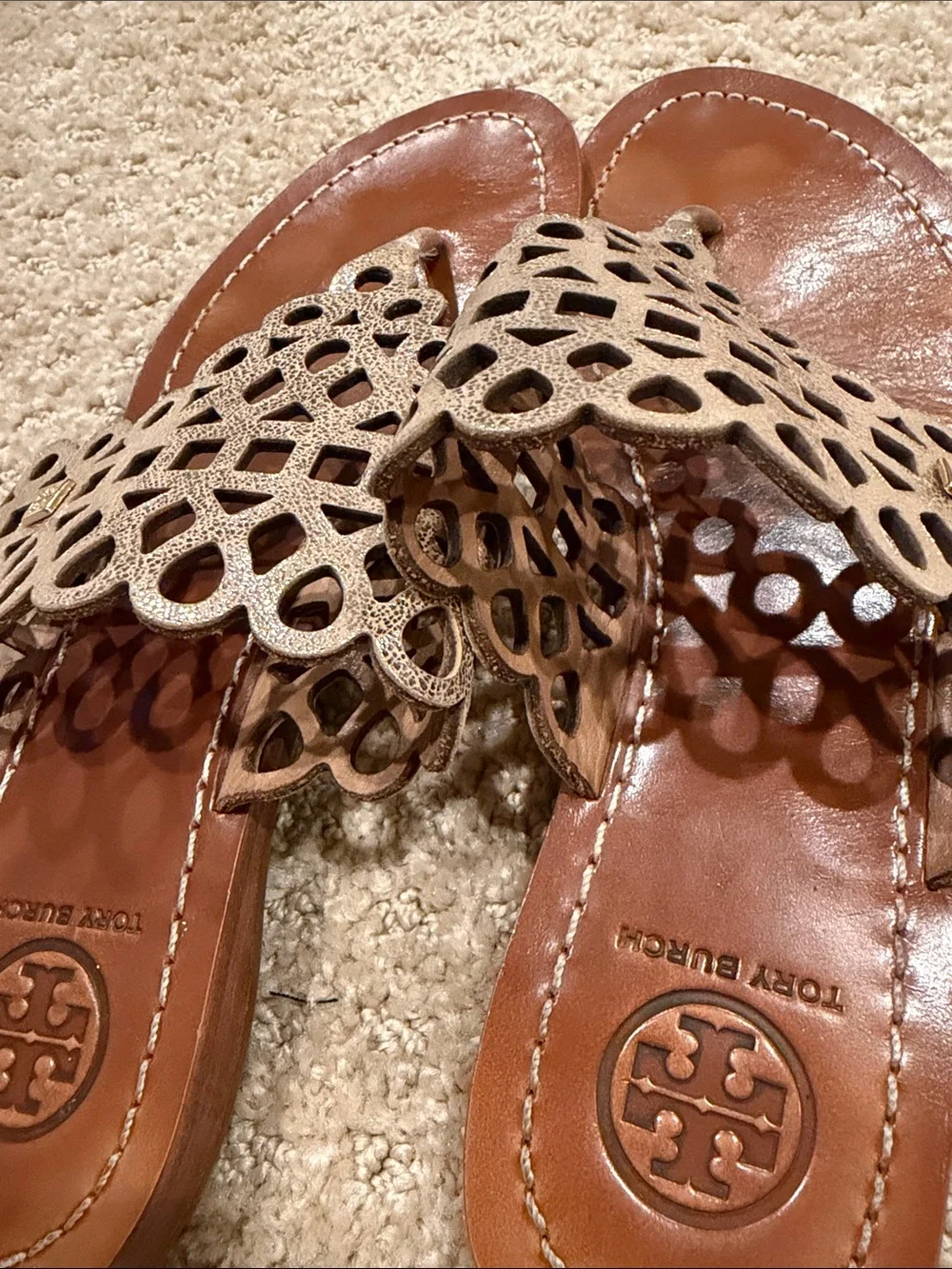 Tory Burch Metallic Bronze Laser-Cut Thong Sandals